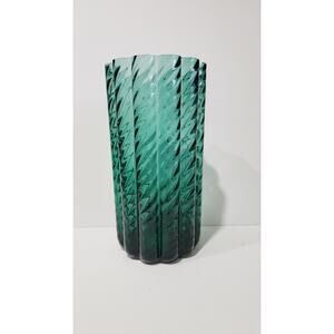 Vintage Large Pilgrim Studio Art GREEN Optic Ribbed MCM Glass Vase 9” Rare